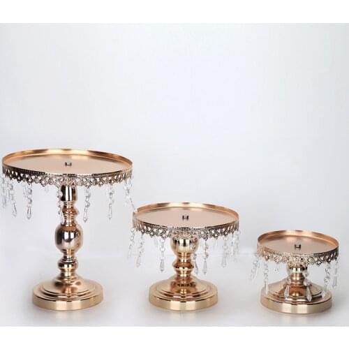 Gold Wedding Crystal Pendant Cake Stand Cupcake Display Plate Metal Dinnerware Bakeware Candy Tray Wedding Party Decoration