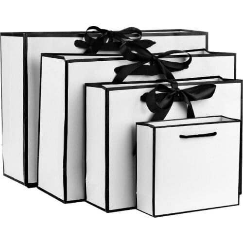 1Pc Paper Bag White Pattern Kraft Paper Bag Tote Thickening Gift Business Bag Border Black Bow Packaging Wholesale Bags
