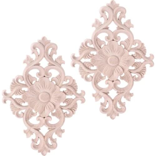 2pcs Floral Wood Carved Onlay Corner Applique Moulding Decal Furniture Cabinet Door Frame Wall Home Decoration