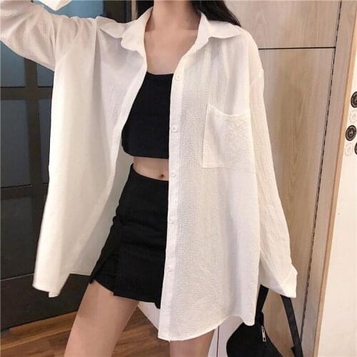 #8329 Spring Summer Women Shirts Long Sleeves Korean Fashion Loose Thin Solid Color Cute Long Shirt For Women