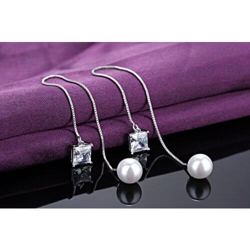 2021 Shiny Austrian Cystal Silver Color Pearl Drop Earrings Jewelry Fashion Plata Ear Wire Chain Long Earrings For Women