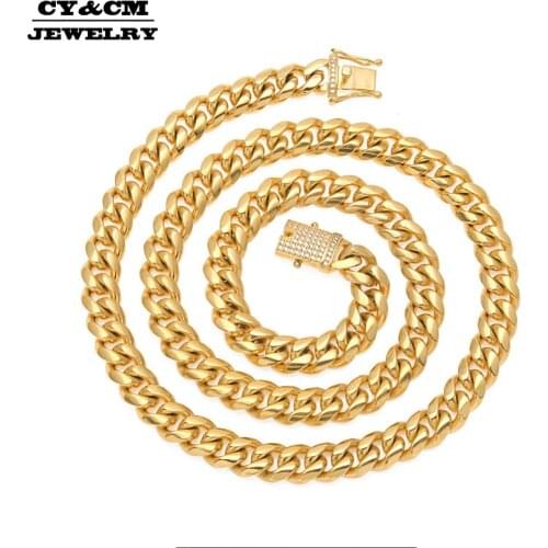 CY&CM CZ Clasp Bling Luxury Heavy Stainless Steel Miami Cuban Link Chain Iced Out Men Hip hop Rapper Jewelry 10/12/14mm 30"