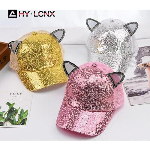 Spring Summer Parent-child Fashion Sequins Decorated Cotton Breathable Mesh Caps Child Cute Ear Decoration Baseball Caps