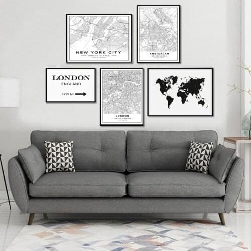 Map of The World Black and White Canvas Painting Wall Art Nordic Posters and Prints Wall Pictures for Living Room Decoration