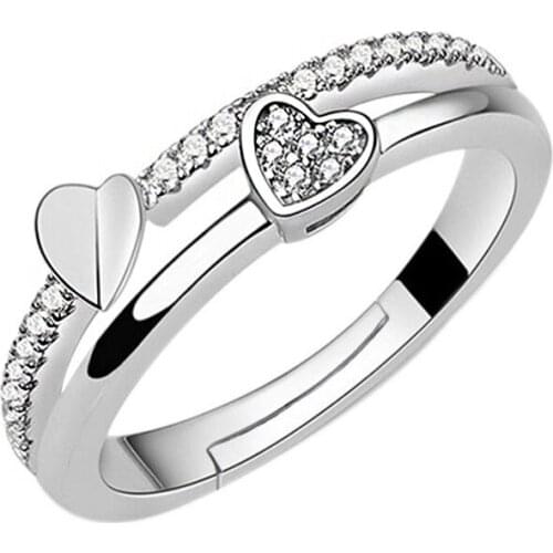 5A Shiny Cubic Zirconia Paved Setting Rings Double Heart Resizable Rings Fashion Wedding Party Jewelry Gifts for Women