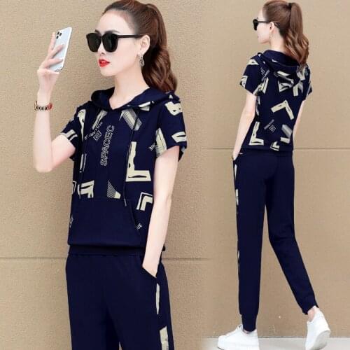 Summer Two Piece Set Women Loose Large Size Fashion Printing Casual Hooded Pocket Clothes Sports Running Red Blue Green Black