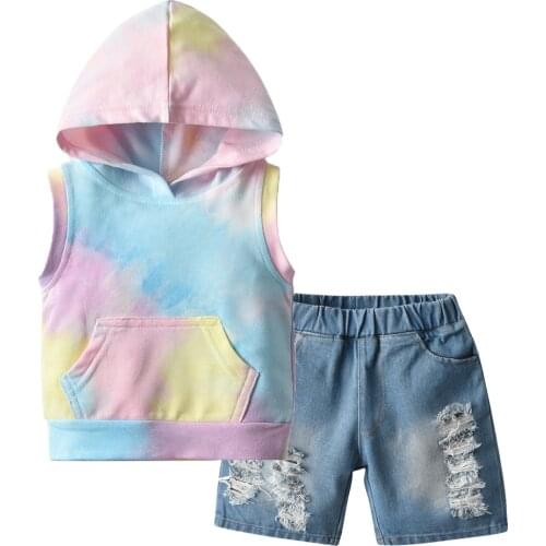 Tem Doger Summer Girl Clothing Sets Boys Girls Unisex Suits Short Sleeve Hoddies+Denim Shorts 2Pcs Set Casual Toddler Clothes