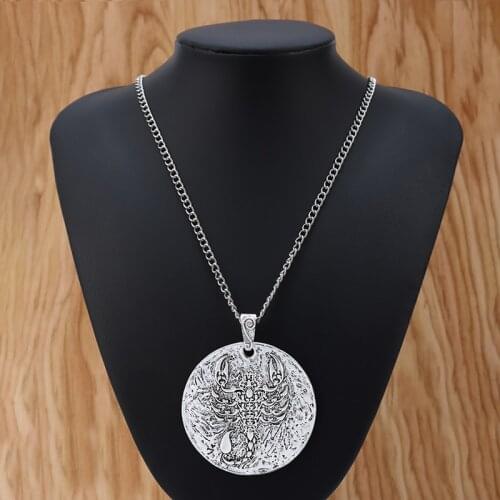 Fashion Large Abstract Metal Scorpion Round Pendant on Long Chain Necklace Lagenlook 34"