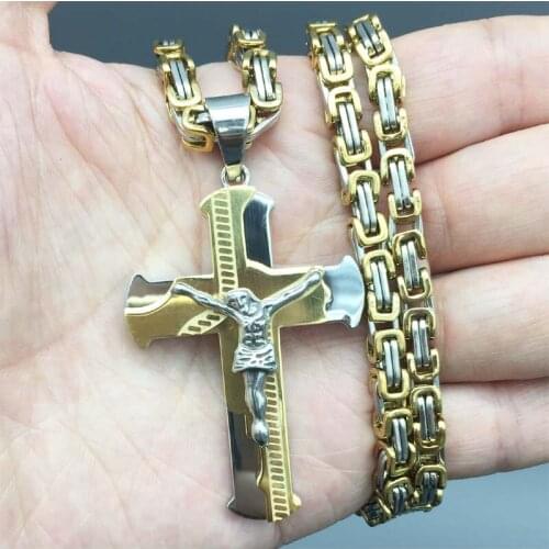Jesus Cross Pendant Necklace Stainless Steel Men Jewelry Byzantine Link Chain Poplular Christian Colar Sliver Gold Color CPN806