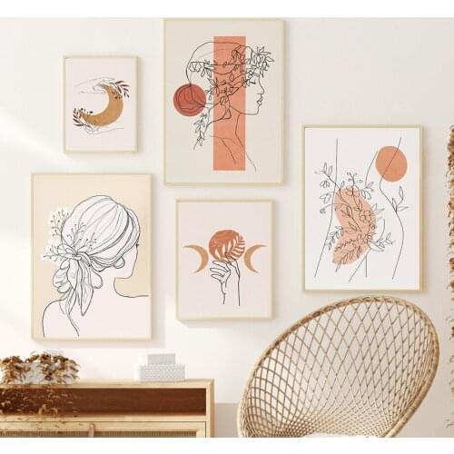 Wall Art Canvas Painting Sun Moon Flower Line Girl Face Abstract Nordic Posters And Prints Wall Pictures For Living Room Decor