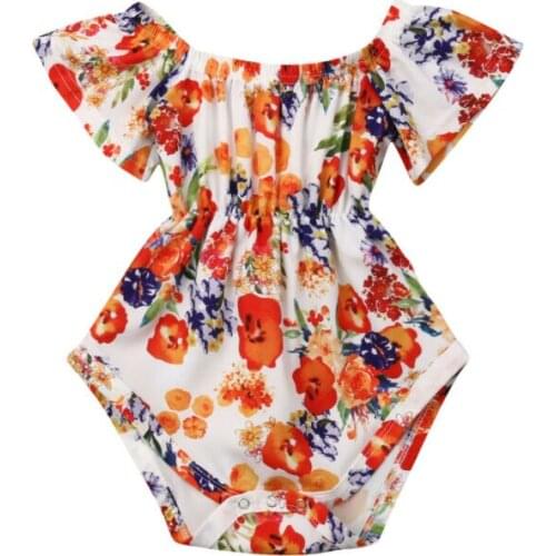Newborn Kids Baby Girls Off Shoulder Flowers Short Sleeve Bodysuit Jumpsuit Clothes Size 0-18M
