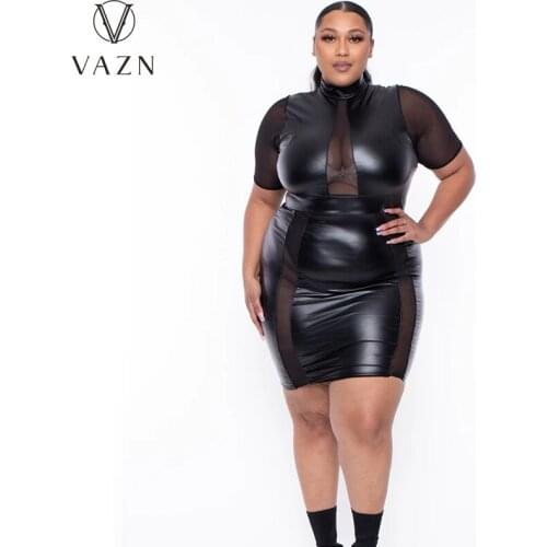 VAZN 2021 Top Quality Black Plus Size Patchwork Lace Hollow Out Sexy Open Turtleneck Short Sleeve Womens Thin Mini Dress