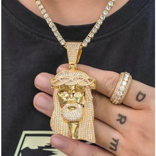 Iced Religious Jesus Head Pendant Necklace Free Box Chain Gold Color Bling Cubic Zircon Mens Hip Hop Jewelry For Gift