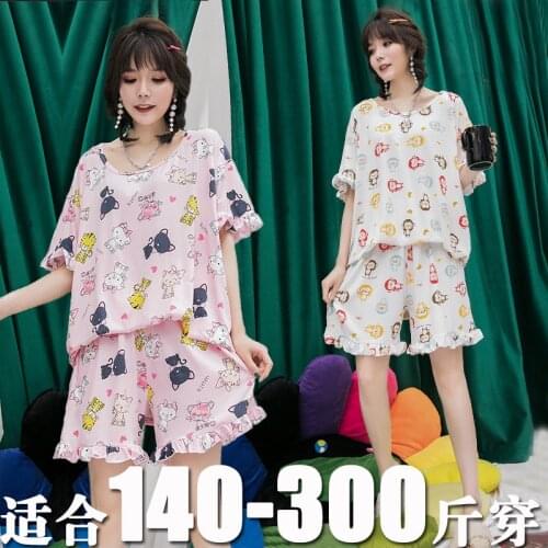 Plus Size Womens Summer Short-Sleeved Shorts Milk Silk Pajamas Two-Piece Loose Large Size 140Kg Home Service Suit 2XL-4XL