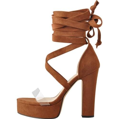 Richealnana Summer Women Criss Cross Lace-Up Platform Sandals Chunky High Heels Faux Suede Wrap PVC Shoes Large Size 2021