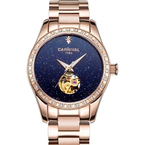 Carnival Women Luxury Steel Watchband Lady Waterproof Rosegold Automatic Self-Wind Mechanical Watch