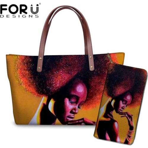 FORUDESIGNS Ethnic Style Handbags Women 2pcs/set Shoulder Tote Bag Black Art African Girls Printing Purse&Hand Bags for Females
