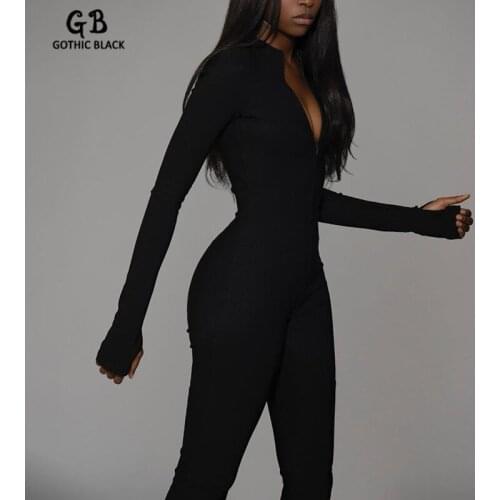 Gothic Black Sexy Women O-Neck Splice Long Sleeve Zip Slim Jumpsutis 2020 New Goth Female Fashion Aesthetic Solid Color Romper