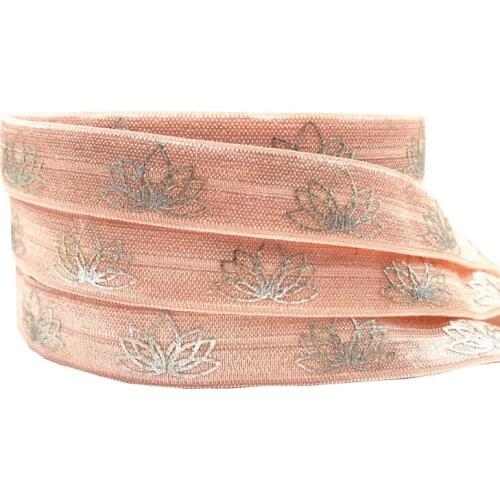 10Yard 5/8" 15mm Gold Silver Foil Lotus print Fold over elastic Stretchy band DIY girls hair ties headband accessories
