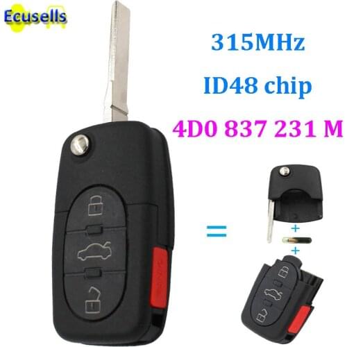 4 buttons FLIP KEYLESS REMOTE KEY fob for Audi A6 S6 TT Quattro 4D0 837 231 M 3+1 button 4D0837231M WITH ID48 CHIP