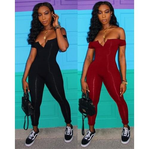BKLD Black Sexy Bodycon Jumpsuit Romper Sleeveless Women V-Neck Sexy Off The Shoulder Bodysuits Clubwear 2019 Elegant Jumpsuits