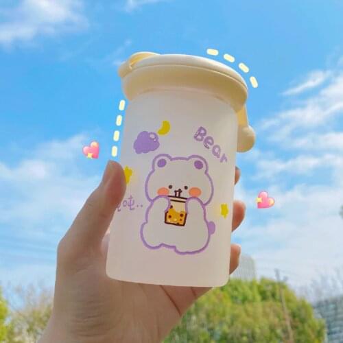 Ins New Simple Frosted Glass Water Bottles Cute Cartoon Bear Water Bottle For Girls Kawaii School Leakproof Drinking Water Cups