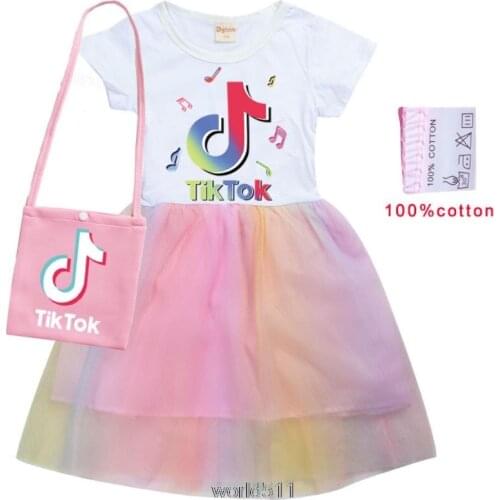 Kids Cotton Rainbow Tik Tok T Shirt Gauze Mesh Cartoon Tik Tok Princess Dress Children Baby Girls Party Clothes +Bag Sets