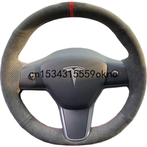 For Tesla Model 3 Model Y Black Suede DIY Hand Sewn Car Steering Wheel Cover Accessories
