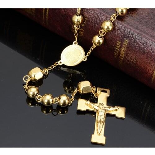 Granny Chic 8mm Gold Tone Rosary Beads Link Chain Necklace for Women Men Crucifix Jesus Pendant Religious Cross Jewelry Gifts