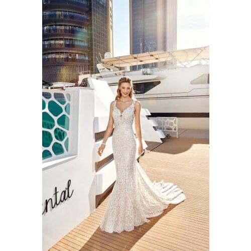 HA025 sweet lace wedding dress mermaid sleeveless wide strap wedding gown button sheer back wedding gown court tail