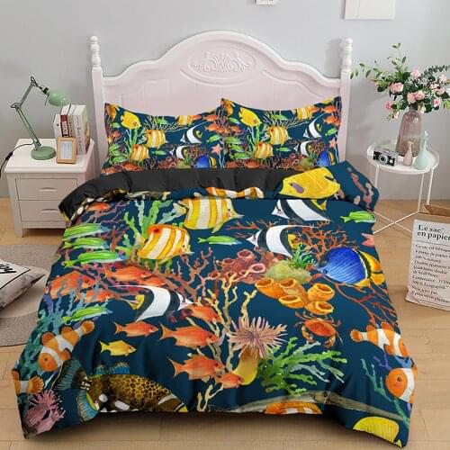Underwater World Printed Queen Size Bedding Set Cartoon Fish King Duvet Cover Sets With Pillowcase 2/3pcs Customize