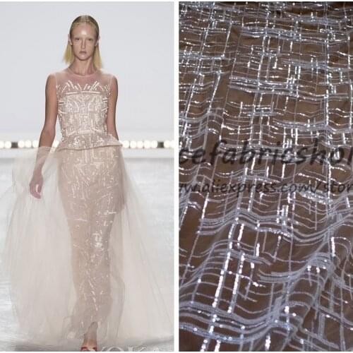 New fashion off white sparkling sequines on netting embroidery lace fabric for wedding dress lace fabric by yard