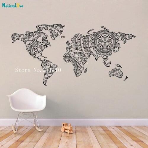 Mandala Simple World Map Vinyl Wall Sticker Stylish Artistic Decals Decor Home Living Room Studio Removable Murals YT748