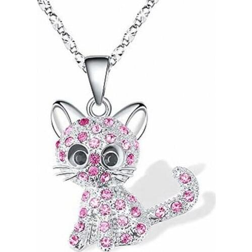 Cute Crystal Cat Pendant Necklace Jewelry for Women Girls Cat Lover Daughter Necklace Chain Cartoon Animal Necklaces Jewelry