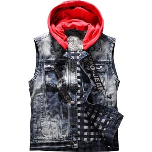 2019 Spring Mens Denim Vests Casual Jeans red Hooded Jackets Sleeveless Coats Waistcoat Mens Brand Clothing