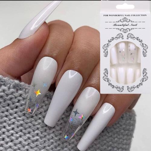 24pcs Long Ballerina False Nails Matte Full Cover Detachable French Fingernail Press on Nails with Glue Fashion Coffin Fake Nail
