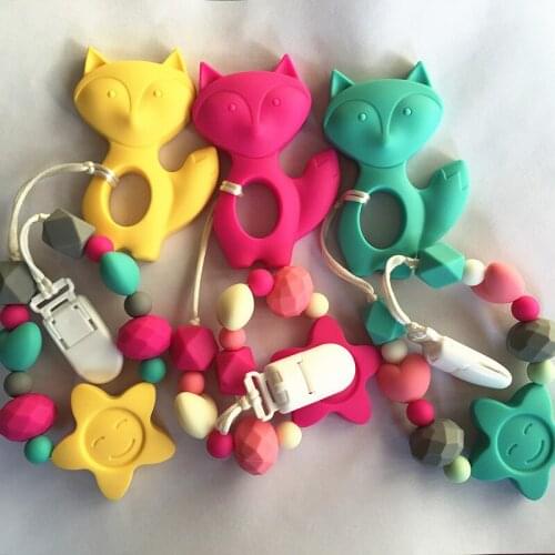 New 5pcs/lot Silicone Teething fox Pacifier Clip - silicone Universal Soother Clip - Teether Chew Toy - baby teething pendant