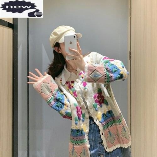Autumn Floral Cardigan Women Elegant Loose V-Neck Long Sleeve Short Jacket Vintage Street Single Breasted Female Sweater