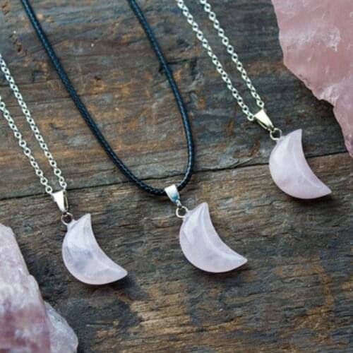 Pink Quartz Moon Necklace Polished Pendant Jewelry Natural Crystal Healing Birthday Unique Gift March February Pisces Aries