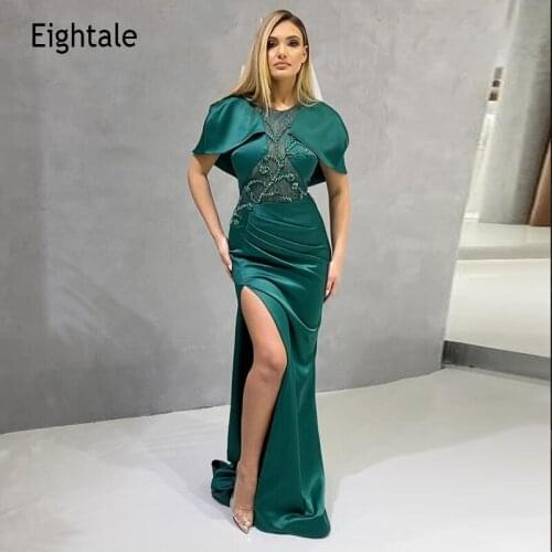 Eightale Arabic Evening Dress O-Neck Cap Sleeves High Side Split Green Long Formal Prom Gown Satin Celebrity Party Dresses 2021