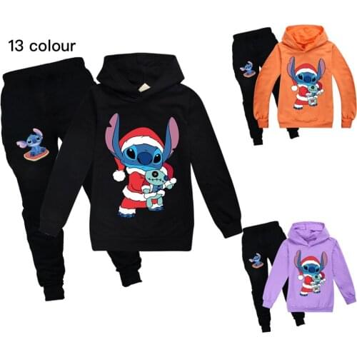 Christmas Stitch Boys Hooded Shirt + Casual Pants Set Girls Clothing Set Cotton Halloween Outfits for Girls Kids Cute T Shirts