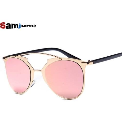 Samjune Fashion Lady Cat Eye Sunglasses Brand Designer Metal Frame Sun Glasses Women Coating Mirror Shades Oculos Lunette
