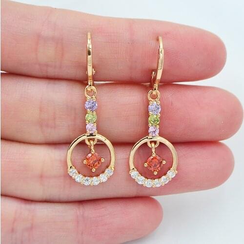 Gold Color AAA+ Cubic Zirconia Women Fashion Colorful CZ Circle Dangle Earrings Jewelry
