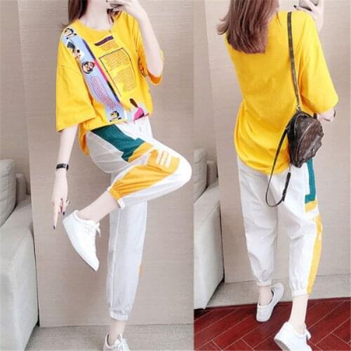 Women Streetwear Fashion Sports Suit Summer New Fashion Students Loose 2 Set Thin Korean Version of Hong Kong style Trousers