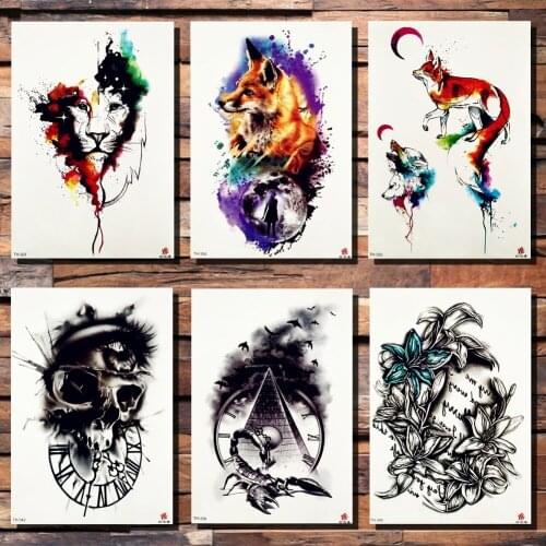 FANRUI Lion Fox Skull Temporary Tattoo Sticker Colorful Moon Clock Tower Waterproof Tattoos Body Art Arm Men Fake Tatoo Scorpion