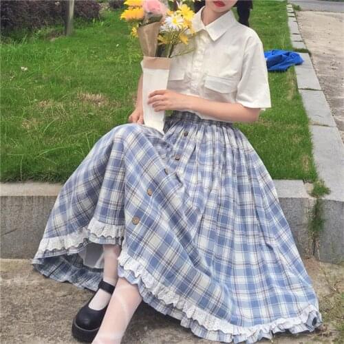 Japanese School Girl Skirt Women Lolita Cute Ruffle Vintage Plaid Long Skirt 2021 Preppy Style High Waist Kawaii Lace Midi Skirt