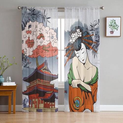 Japanese Geisha Tulle Curtains for Living Room Bedroom Decor Chiffon Sheer Voile Kitchen Window Curtain
