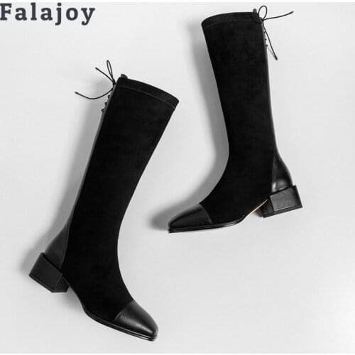 Falajoy Black Knee High Boots Cap Toe British Style Strappy Heeled Knee High Suede Leather Fall Boots Women 2021 Plus Size 41 42