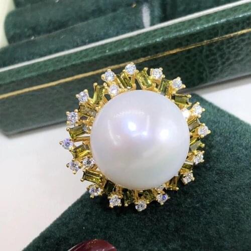 D428 Pearl Ring Fine Jewelry 925 Sterling Silver Round 14-15mm Nature Fresh Water White Pearls Rings for Women Fine Presents