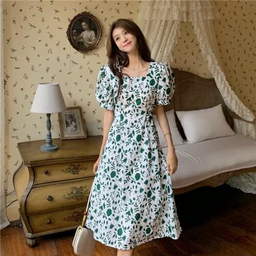 Dress Fashion Womens Summer 2021 Korean Version of The Square Collar Temperament Was Thinner Bandage Waist Dress Women